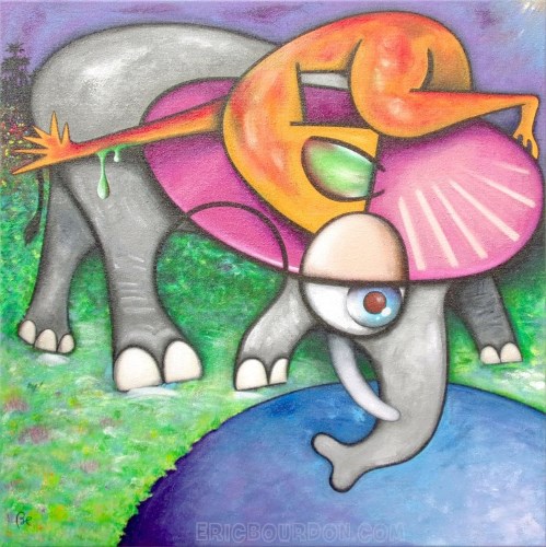 ufo crashed on the back of an elephant at the water's edge painting eric bourdon